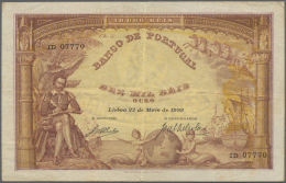 Portugal: 10.000 Reis 1908 P. 81, Beautiful Note, Vertical And Horizontal Fold, Handling In Paper, One Hole Left Center - Portogallo