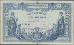 Portugal: 100.000 Reis 1908 P. 78, Highly Rare And Beautiful Note, Stronger Center Fold, A Very Very Tiny Hole At Center - Portugal