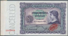 Poland / Polen: 20 Zlotych 1928 De La Rue Specimen With Perforation CANCELLED, P.68s, Taped On A Small Stick Of Cardboar - Pologne