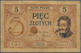 Poland / Polen: 5 Zlotych 1919, P.53, Well Worn With Brownish Stain At Center, Several Folds And Tiny Tears At Right Bor - Polonia