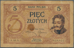 Poland / Polen: 5 Zlotych 1919, P.53, Well Worn With Brownish Stain At Center, Several Folds And Tiny Tears At Right Bor - Poland