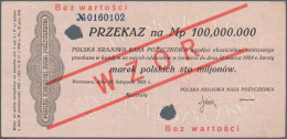 Poland / Polen: 100.000.000 Marek Polskich 1923 Specimen With Red Ovpt. WZOR And Number 0160102, P.41s, Punch Hole Cance - Polonia