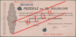 Poland / Polen: 100.000.000 Marek Polskich 1923 Specimen With Red Ovpt. WZOR And Number 0160102, P.41s, Punch Hole Cance - Poland