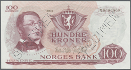 Norway / Norwegen: 100 Kroner 1963 Specimen P. 38s With Zero Serial Numbers, Specimen Perforation, One Light Vertical Fo - Norvegia