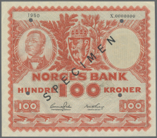 Norway / Norwegen: Rare 100 Kroner 1950 Specimen P. 33as With Specimen Overprint, Cancellation Holes And Zero Serial Num - Norvegia