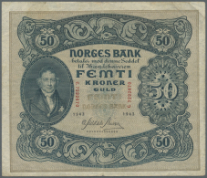 Norway / Norwegen: 50 Kroner 1943 P. 9d, Used Stronger Center Fold, Vertical Folds, No Holes Or Tears, Not Washed Or Pre - Norvège