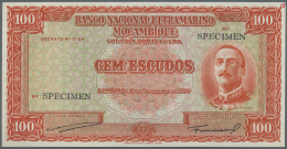 Mozambique: 100 Escudos 1950 Specimen P. 103s, W/o Serial Number, With Specimen Overprint, Only A Light Paper Clip Dint - Mozambico