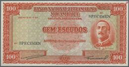 Mozambique: 100 Escudos 1950 Specimen P. 103s, W/o Serial Number, With Specimen Overprint, Only A Light Paper Clip Dint - Mozambique