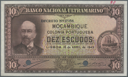 Mozambique: 10 Escudos 1943 Specimen P. 90s, 2 Cancellation Holes, No Serial Numbers, Handwritten Specimen Number At Upp - Mozambico