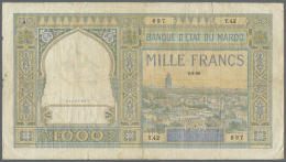 Morocco / Marokko: 1000 Francs 1938, P.16c In Well Worn Condition With A Number Of Tears Along The Borders, Several Pinh - Marocco