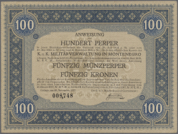 Montenegro: 100 Perper 1917 P. M154, Never Folded, A Minimal Paper Thinning At Upper Left Border On Back, No Holes Or Te - Altri – Europa