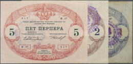 Montenegro: Set Of 3 Notes Containing 1 Perper ND(1916) P. M78 (F-), 2 Perper ND(1916) P. M19 (VF-) And 5 Perper ND(1916 - Altri – Europa