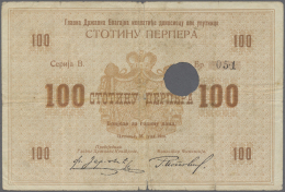 Montenegro: 100 Perper 1914 P. 13, Rare Note, Very Strong Center Fold, Bank Cancellation Hole, Several Further Vertical - Altri – Europa