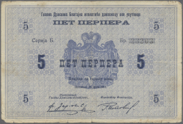 Montenegro: 5 Perper 1914 P. 9, Center Fold, Vertical Fold, Lower Border Worn With Minor Border Tears, Still Some Strong - Altri – Europa