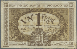 Monaco: 1 Franc 1920 P. 5, Used With Several Folds, Some Softness In Paper And Several Pinholes, Condition: F. - Monaco