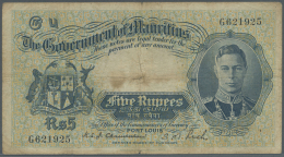 Mauritius: 5 Rupees 1937 P. 22, Portrait KG VI, Used With Stronger Center And Horizontal Fold, Creases And Stain In Pape - Mauritius