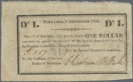 Mauritius: 1 Dollar 1842/1844, P.1F,  Printed On The Back Of Cut Up And Cancelled Notes Of The Mauritius Commercial Bank - Mauritius