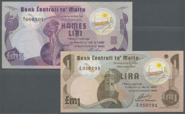 Malta: Set Of 2 Notes Containing 1 Lira ND(1979) P. 34 (UNC) And 5 Lira ND(1979) P. 35 (aUNC), Nice Set. (2 Pcs) - Malta