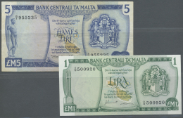 Malta: Set Of 2 Notes Containing 1 Lira ND(1973) P. 31 (UNC) And 5 Lira ND(1973) P. 32 (F+), Nice Set. (2 Pcs) - Malta