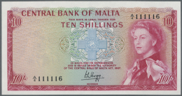Malta: 10 Shillings L.1967 P. 28 With Nice Serial Number #111116, 3 Light Dints In Paper, Condition: AUNC. - Malte