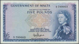 Malta: 5 Pounds ND(1961) P. 27a, Light Center And Horizontal Fold, Handling In Paper, Probably Pressed Dry, No Holes Or - Malta