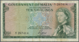 Malta: 10 Shillings ND(1963) P. 25a, Used With Folds, Staining On Back, No Holes Or Tears, Still Strongness In Paper, Co - Malta