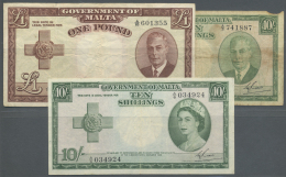 Malta: Set Of 3 Notes Containing 10 Shillings ND(1951) P. 21 (VG+), 1 Pound ND(1951) P. 22a (F+) And 10 Shillings ND(195 - Malta