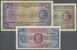 Malta: Set Of 3 Notes Containing 1 Shilling ND(1943) P. 16 (aUNC), 2 Shillings ND(1942) P. 17 (F+ Without Holes Or Tears - Malta