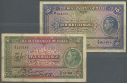 Malta: Set Of 2 Notes Containing 5 Shillings 1939 P. 13 (F, Strong Paper And Nice Colors) And 10 Shillings 1939 P. 13 (F - Malta