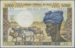 Mali: 5000 Francs ND(1972-84) P. 14e, Used With Some Folds And Creases, Light Stain At Upper Left But No Holes Or Tears, - Mali