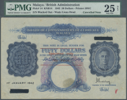 Malaya: 50 Dollars 1942, Printer BWC, P.14, Serial Number Blacked Out With Red Overprint "Specimen Only - No Value", Sev - Malesia