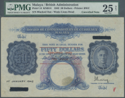 Malaya: 50 Dollars 1942, Printer BWC, P.14, Serial Number Blacked Out With Red Overprint "Specimen Only - No Value", Sev - Malaysie