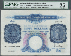 Malaya: 50 Dollars 1942, P.14, Highly Rare Note With Several Folds, Some Spots And Tiny Hole At Center, PMG Graded 25 Ve - Malaysia