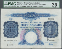 Malaya: 50 Dollars 1942, P.14, Highly Rare Note With Several Folds, Some Spots And Tiny Hole At Center, PMG Graded 25 Ve - Malaysie