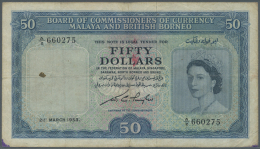 Malaya & British Borneo: 50 Dollars 1953 P. 4a, Used With Vertical And Horizontal Folds, Ink Stains At Left, A 1cm T - Malesia