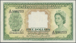 Malaya & British Borneo: 5 Dollars 1953, P.2, Very Nice And Attractive Banknote With Vertical Fold At Center And A F - Malesia