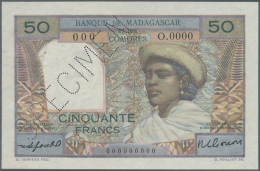 Madagascar: 50 Francs ND(1950-51) Specimen P. 45bs, With Zero Serial Number And Specimen Perforation, 2 Pinholes At Left - Madagascar