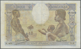 Madagascar: 100 Francs ND(1937) P. 40, Used With Vertical And Horizontal Fold, Minor Pinholes, Only One Minor 1mm Tear A - Madagascar