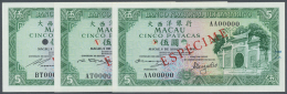 Macau / Macao: Set Of 3 Different Signature Specimens Of 5 Patacas 1981 Specimen P. 58s, Zero Serial Numbers And Specime - Macao