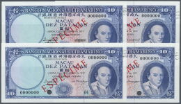 Macau / Macao: Set Of 4 Different Signature Specimens Of 10 Patacas 1977 Specimen P. 55s, Zero Serial Numbers And Specim - Macao