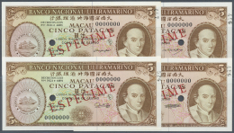 Macau / Macao: Set Of 4 Different Signature Specimens Of 5 Patacas 1976 Specimen P. 54s, Zero Serial Numbers And Specime - Macau