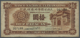 Macau / Macao: 10 Patacas 1945 P. 30, Seldom Seen Note In Nice Condition, Used From Circulation Wiht Folds And Stain In - Macao