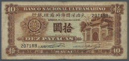 Macau / Macao: 10 Patacas 1945 P. 30, Seldom Seen Note In Nice Condition, Used From Circulation Wiht Folds And Stain In - Macau