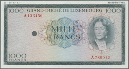 Luxembourg: 1000 Francs ND Color Trial Of P. 52B In Dark Green Instead Of Brown Color, With Specimen Serial Number And H - Luxembourg