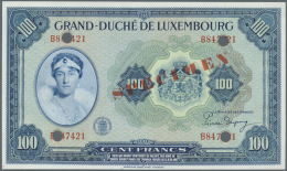 Luxembourg: 100 Francs ND(1944) Specimen P. 47s. This Note Has A Red "Specimen" Overprint On Front And Back, 4 Bank Canc - Lussemburgo