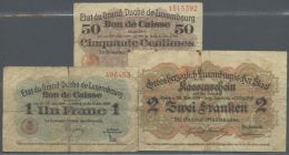 Luxembourg: Set Of 3 Notes Containing 50 Centimes 1914-1918 P. 26 (F-), 1 Franc 1914-1928 P. 27 (VG+) And 2 Francs 1914- - Lussemburgo