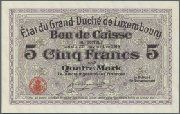 Luxembourg: 5 Francs = 4 Mark L.1914, P.23, Tiny Spot At Lower Right Corner, Otherwise Perfect. Condition: AUNC/UNC - Lussemburgo