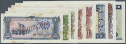 Laos: Set Of 8 Specimen Notes From 1 To 1000 Kip P. 25s-32s, All With Stains In Paper But Unfolded, Condition: XF+. (8 P - Laos