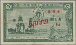 Laos: 5 Kip ND Specimen P. 1s, With Red Overprint, Cancellation Holes, Zero Serial Numbers, Never Folded But Stained Bac - Laos