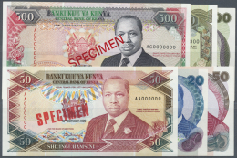 Kenya / Kenia: Set Of 6 Different Specimen Banknotes Containing 20 Shillings 1981, 50 Shillings 1988, 100 Shillings 1988 - Kenia